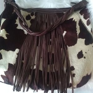 Cavalcanti Brown and White Cowhide Genuine Leather Oversize Fringe Tote Bag